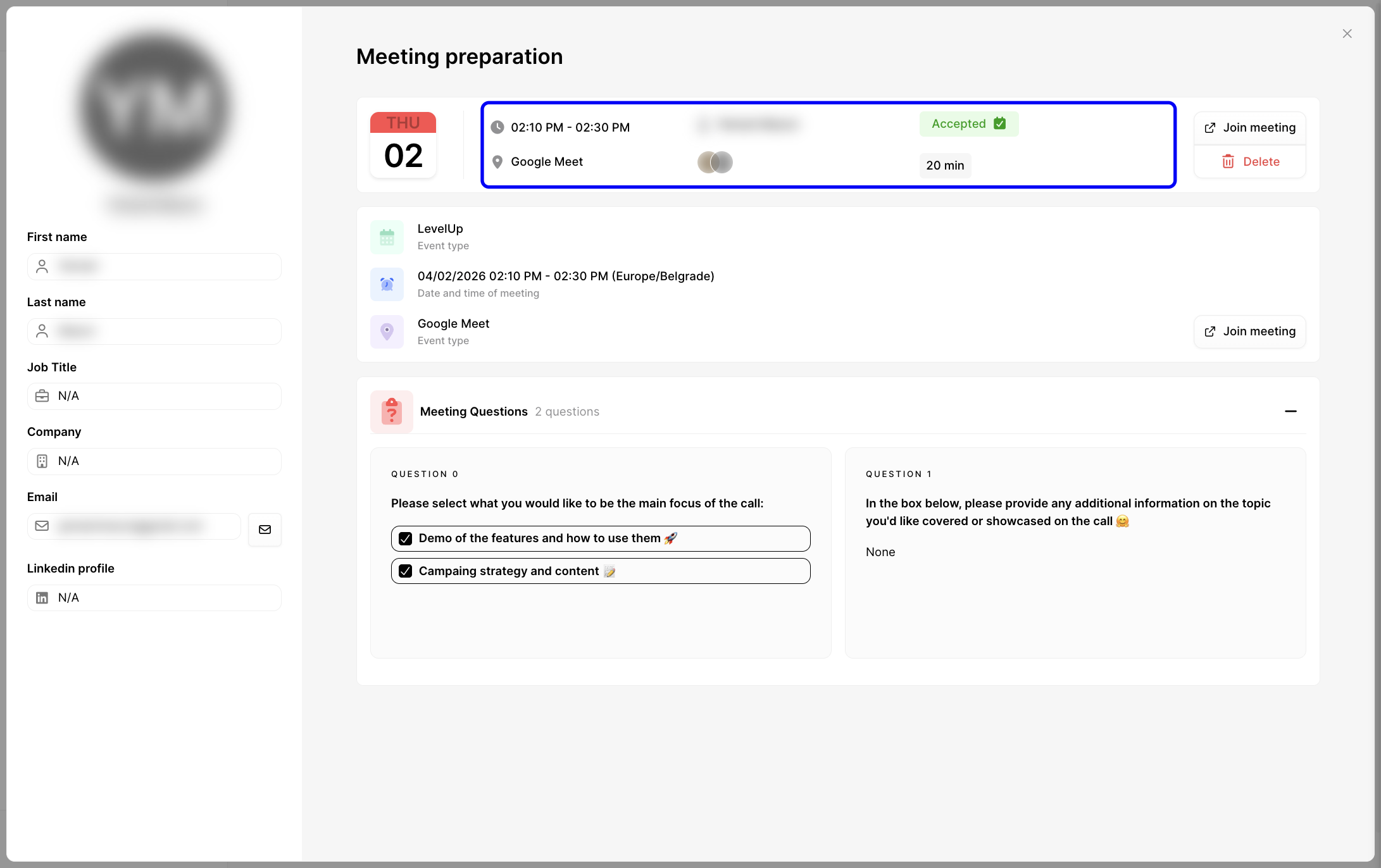 Meeting preparation view showing the top meeting summary section