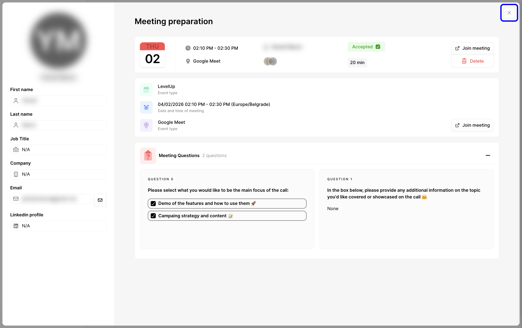 Close button in the top-right corner of the meeting details view