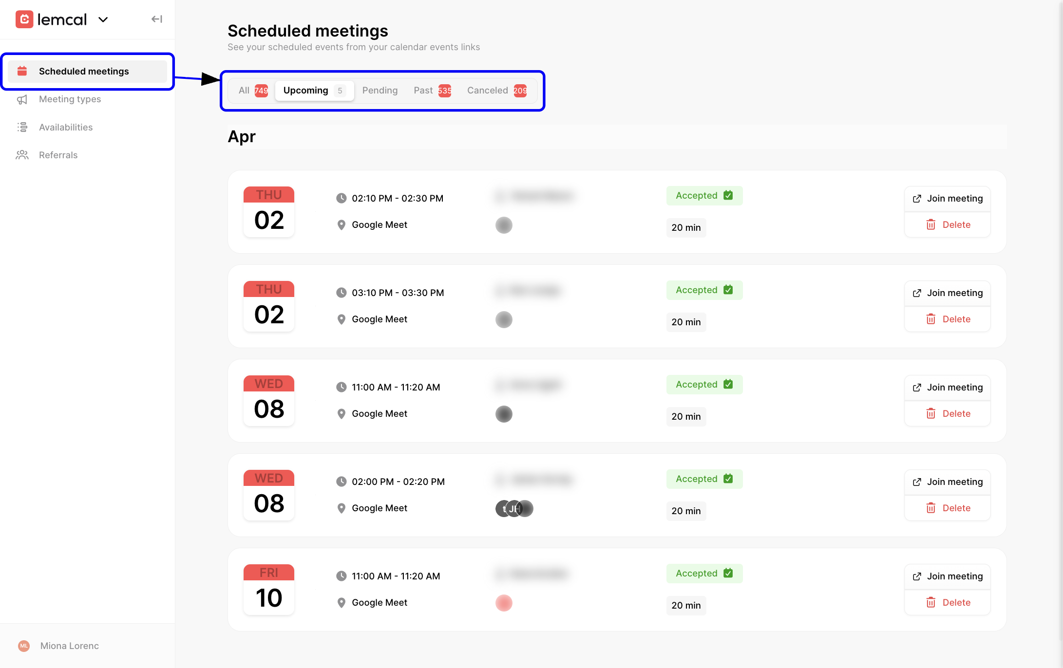 Scheduled meetings page with the Scheduled meetings menu item and meeting status tabs highlighted