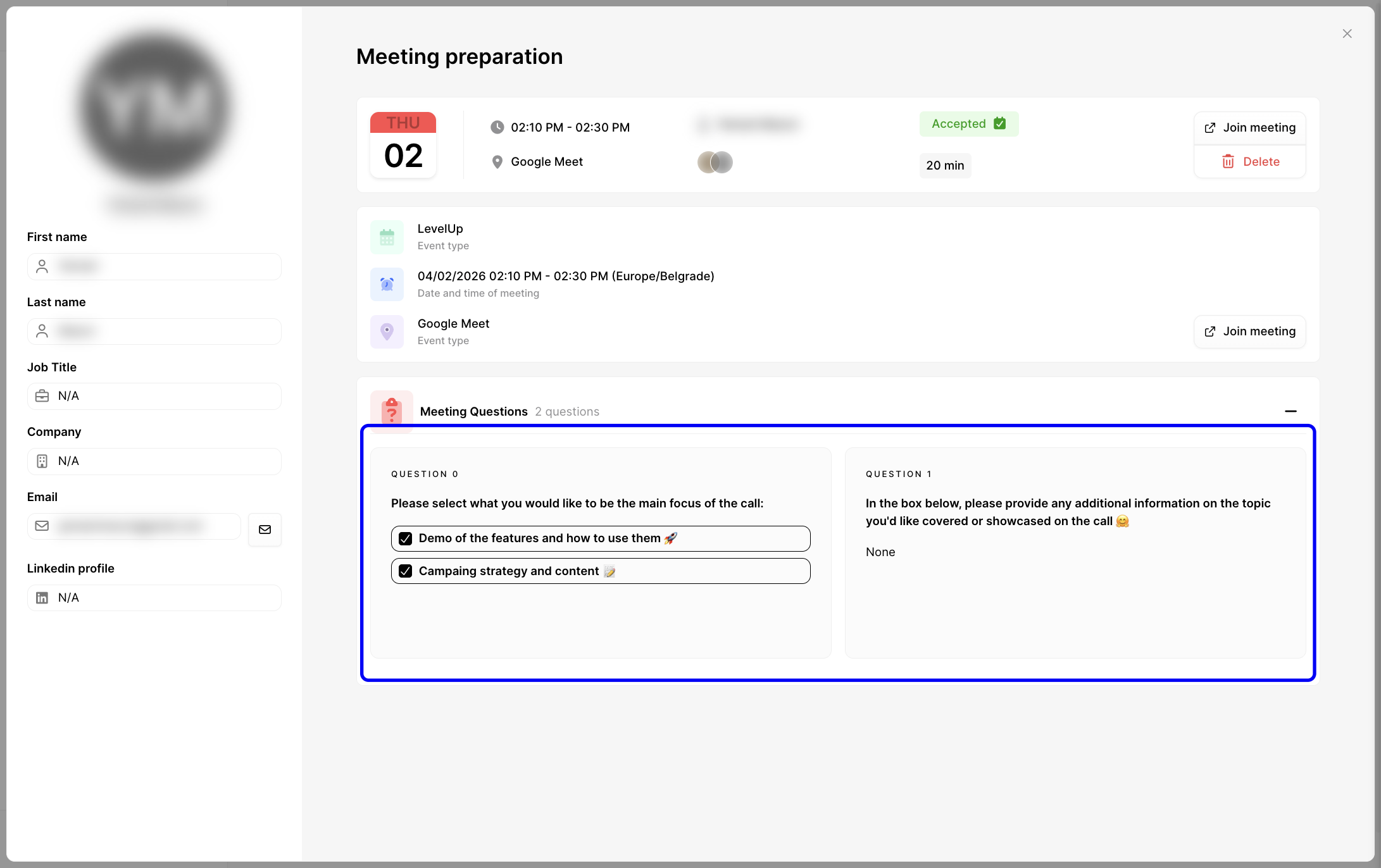 Meeting preparation view showing answers to booking questions