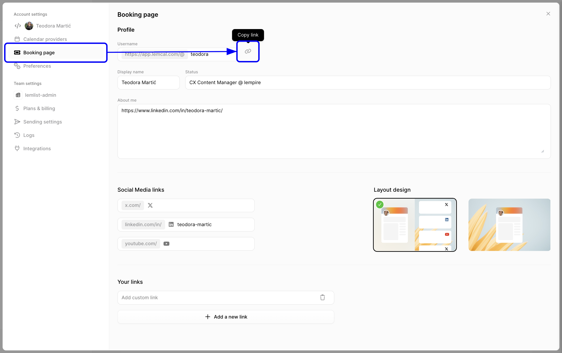 Booking page settings with the Booking page section selected and the copy link button highlighted