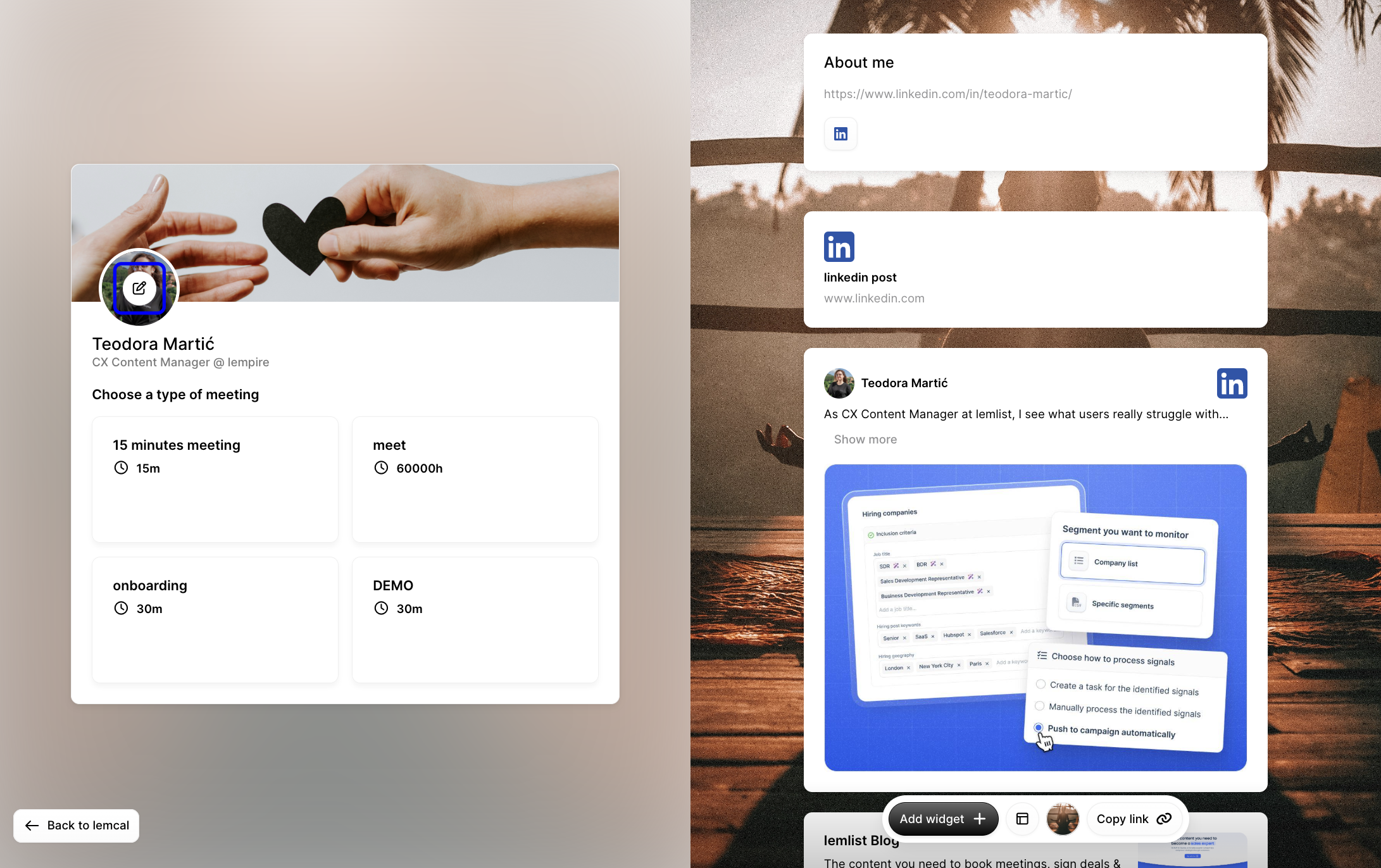 Booking page preview with the profile picture edit icon highlighted