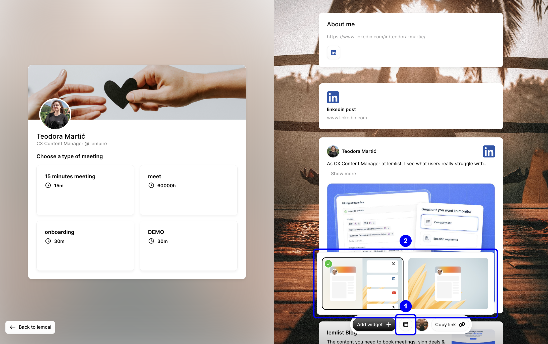 Layout control highlighted with available booking page layout options displayed