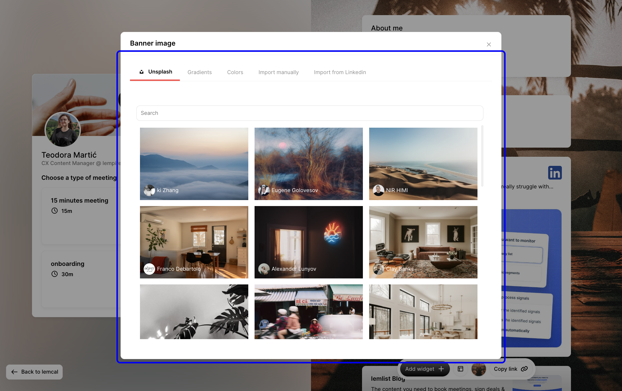 Banner image editor opened with image source tabs such as Unsplash, Gradients, Colors, Import manually, and Import from LinkedIn
