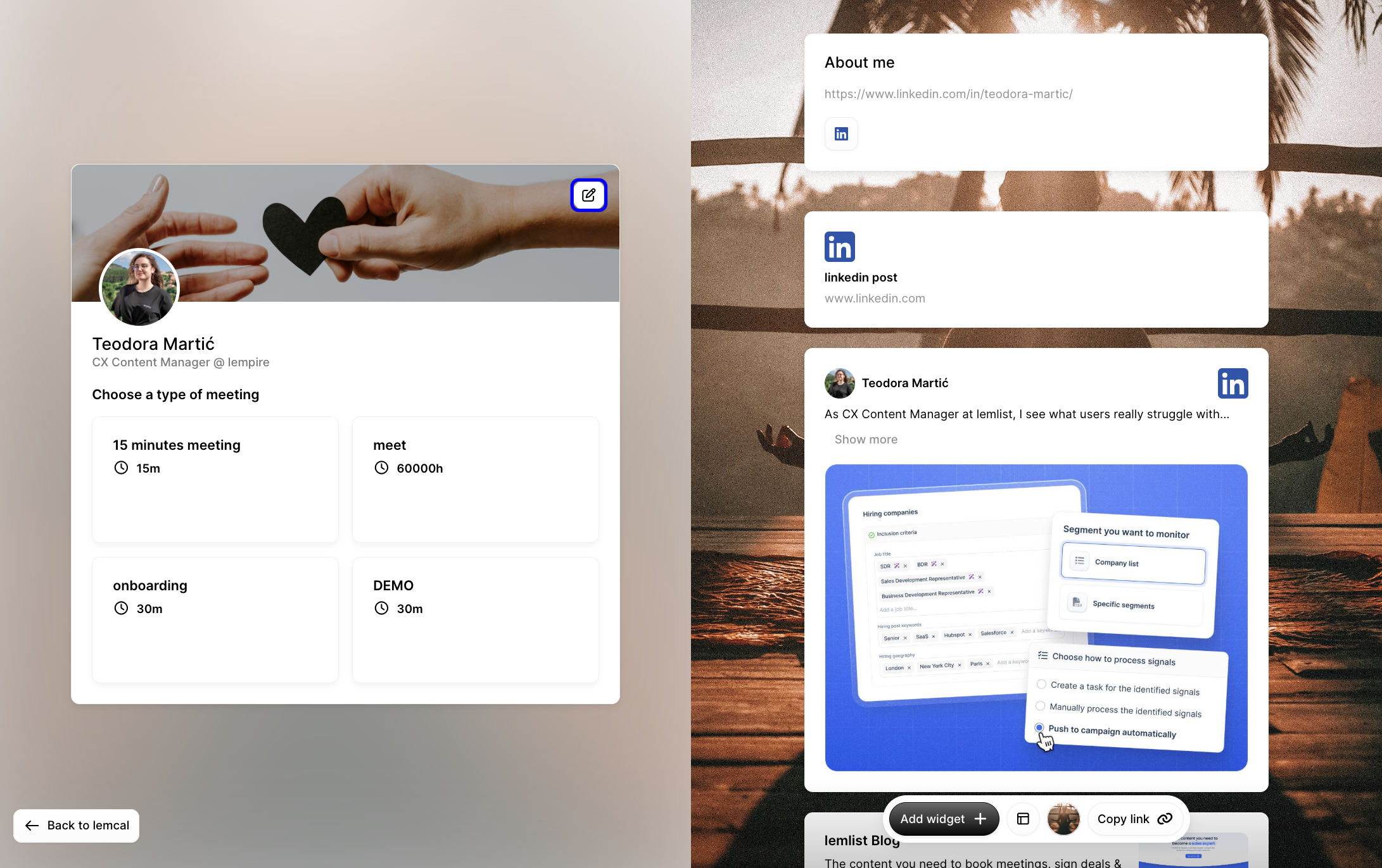 Booking page preview showing editable controls for the banner, widgets, layout, background, and copy link