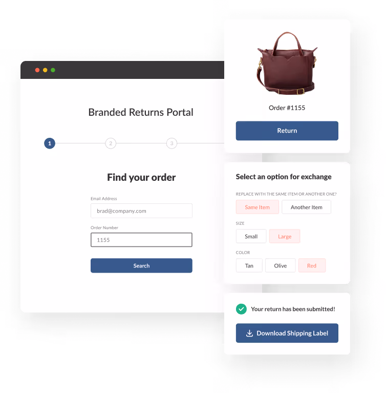 Detail about the Shopify returns portal, an order being returned, and exchange options