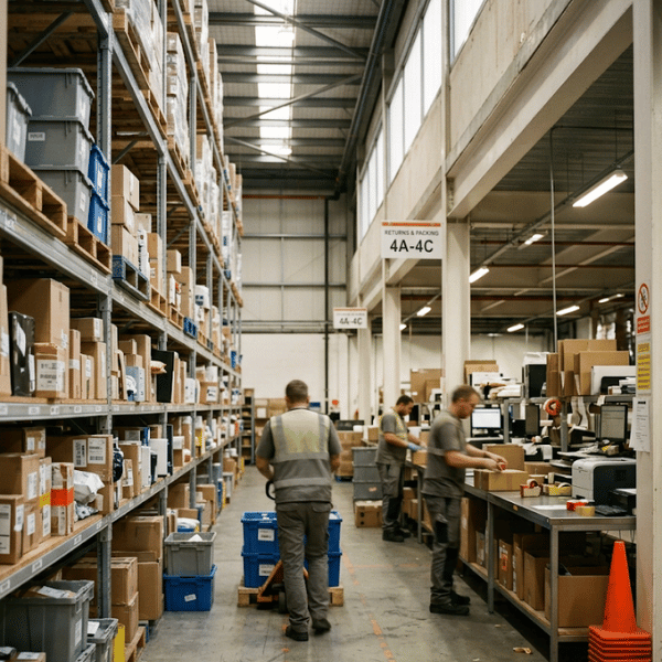 Warehouse team member scanning a returned parcel at a receiving station