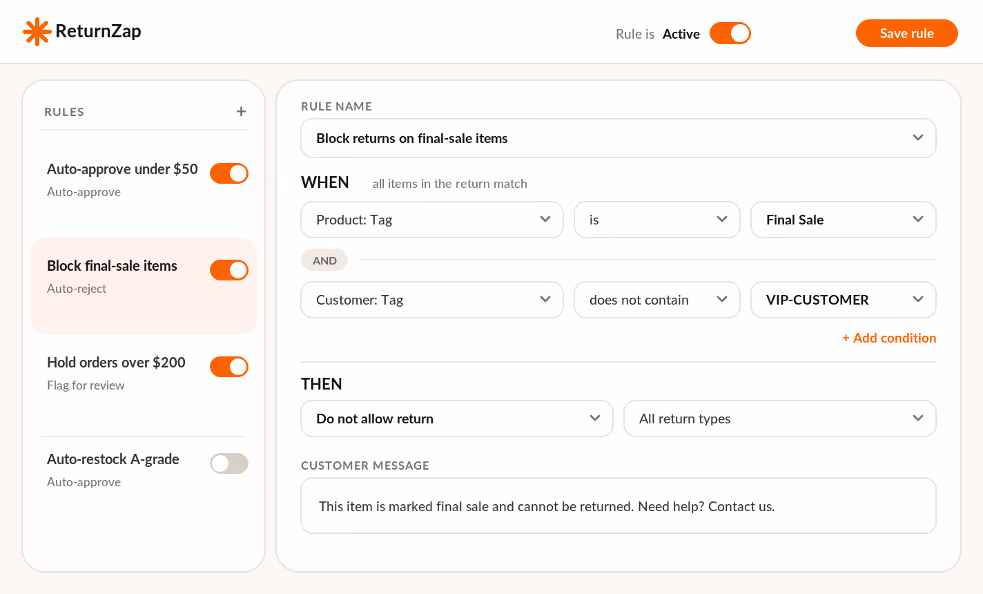 ReturnZap interface showing active rule blocking returns on final-sale items except for VIP customers.
