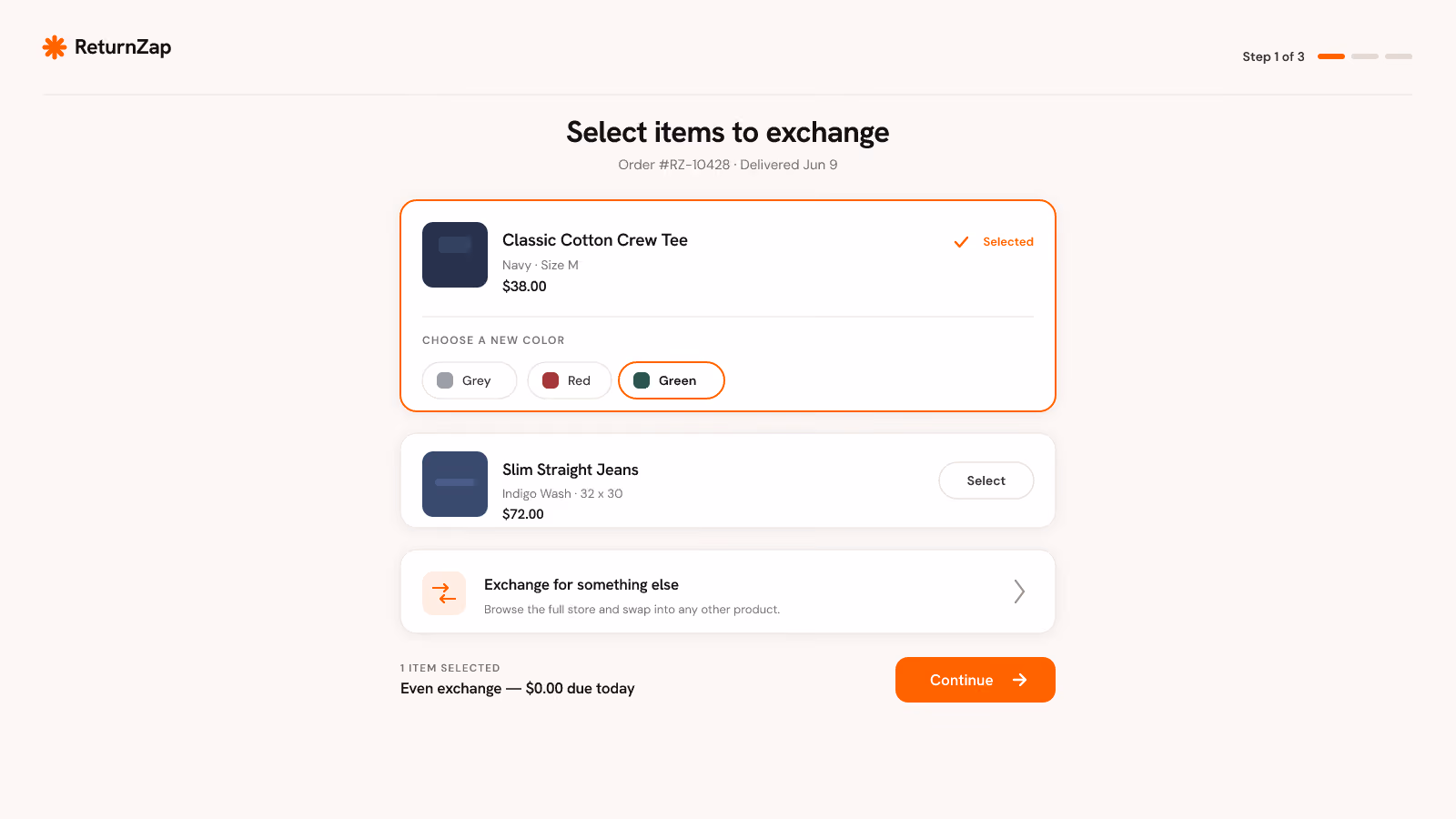 ReturnZap exchange page showing selected Classic Cotton Tee in green, option to choose new color or other items.