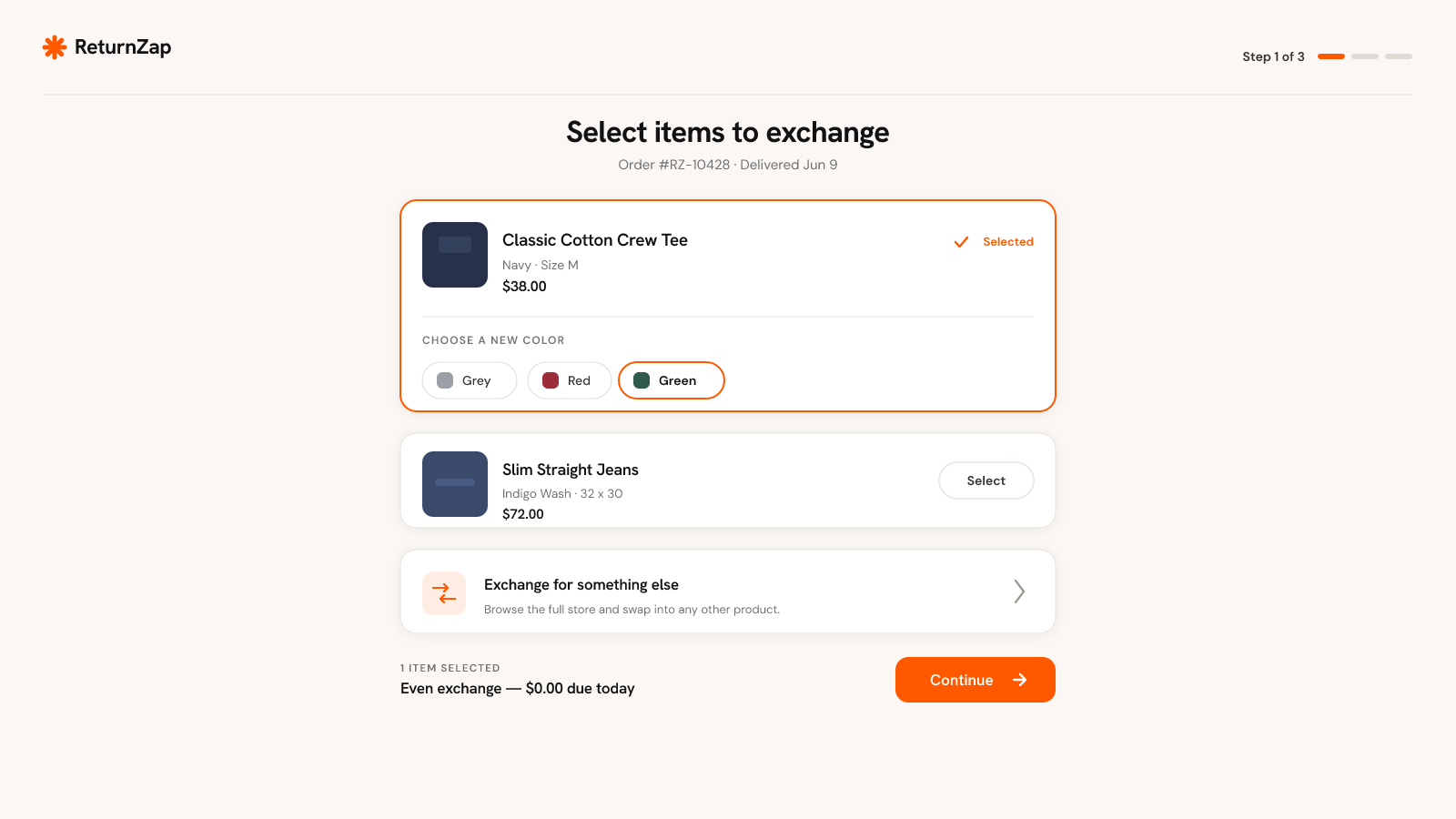 ReturnZap exchange page showing selected Classic Cotton Tee in green, option to choose new color or other items.