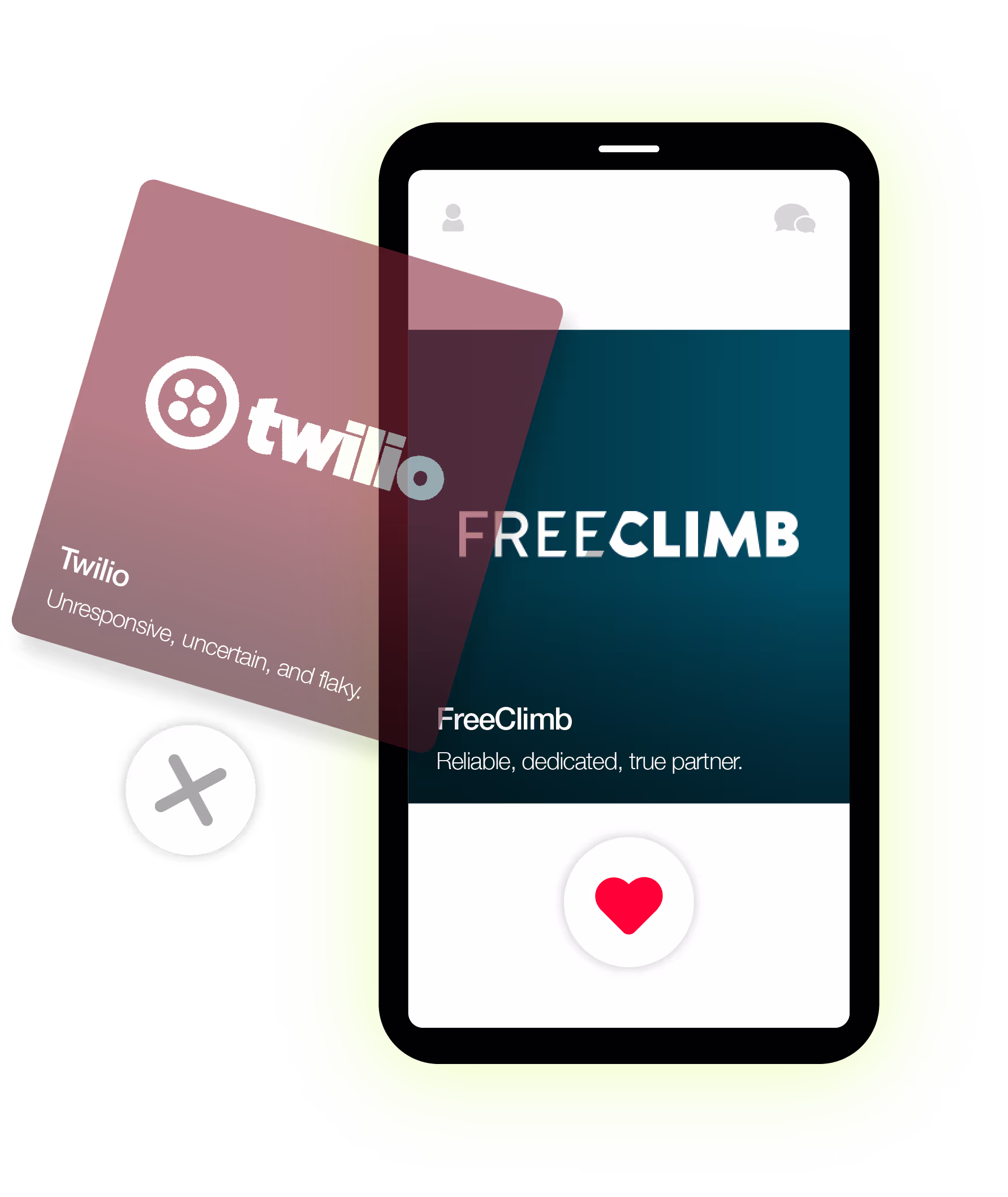 Cell phone with FreeClimb logo and red heart on the screen. A faded red screen of the Twilio logo appears to peel away with an X below it.