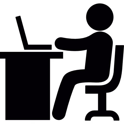 Schematische Darstellung einer Person, die an einem Schreibtisch mit Laptop sitzt.
