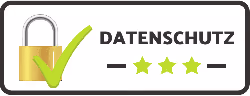 Sicherheits-Symbol mit einem Vorhängeschloss, grünem Häkchen und dem Wort Datenschutz mit drei grünen Sternen.