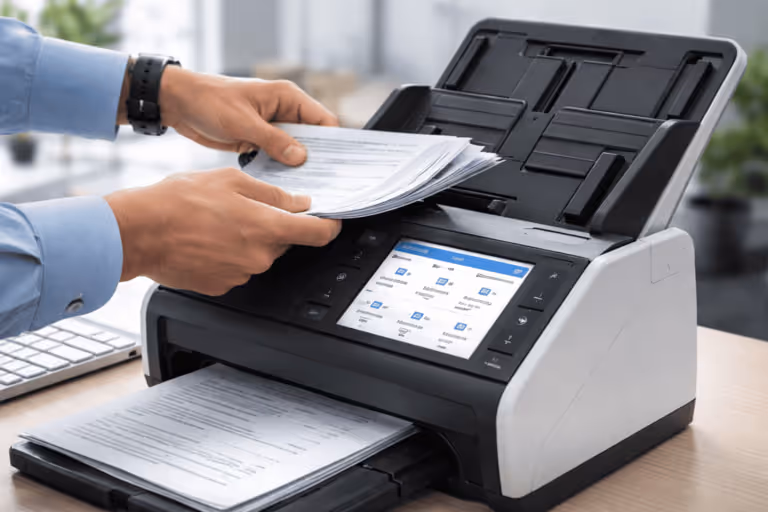 Hände legen mehrere gescannte Dokumentseiten in einen automatischen Dokumenteneinzug eines Büro-Flachbettscanners.