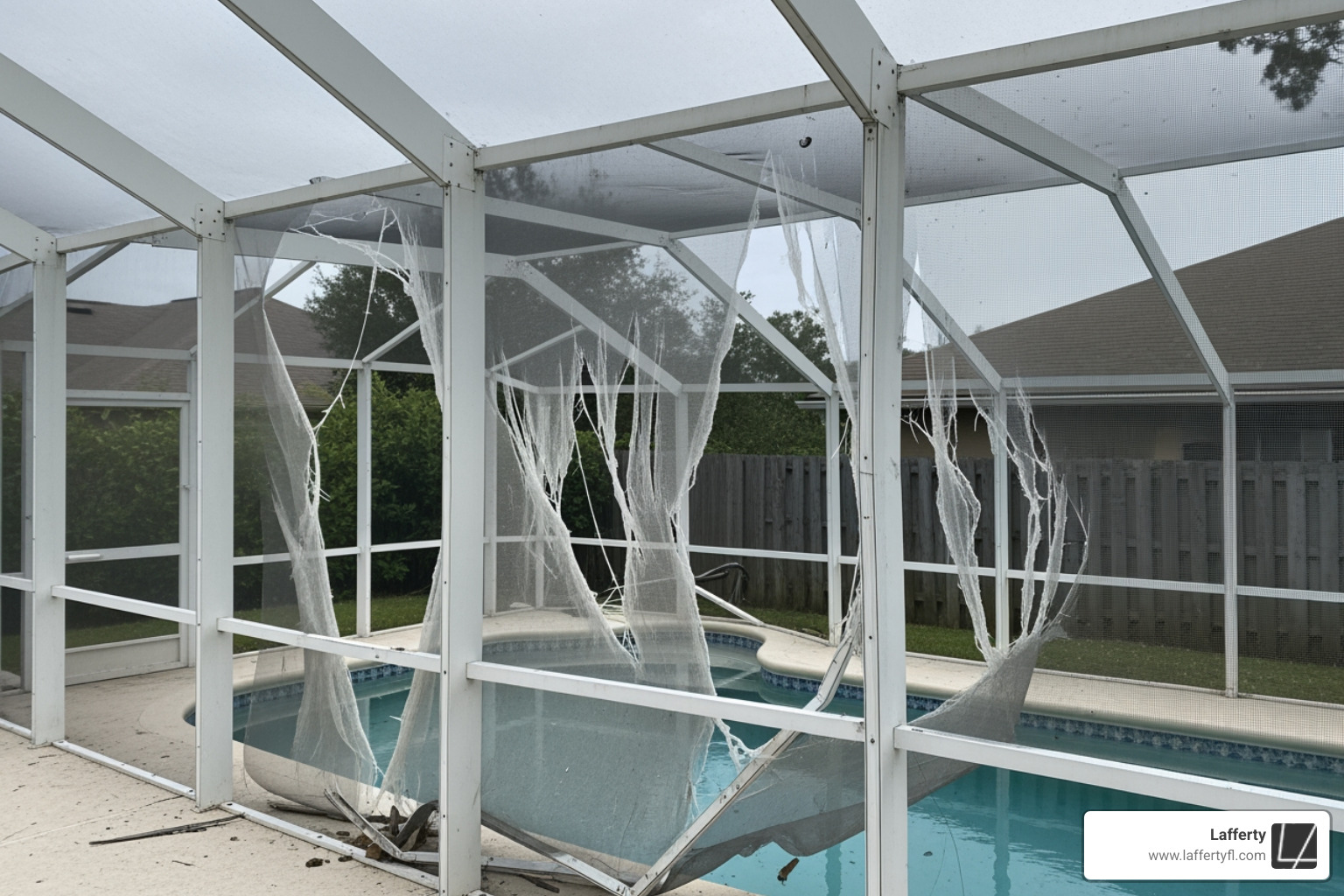 Storm-damaged screen panels with visible tears and sagging mesh - pool screen repair florida