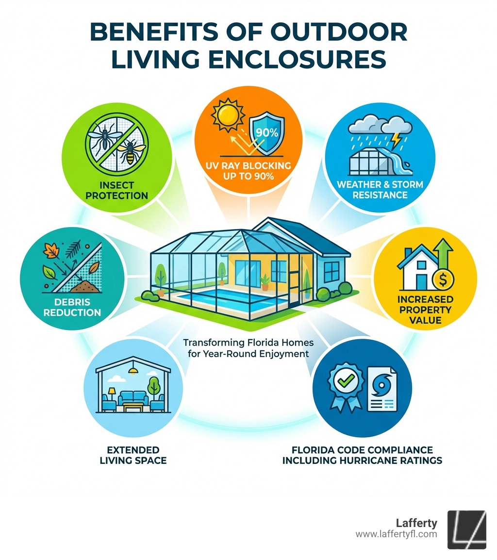 Infographic showing the main benefits of outdoor living enclosures: insect protection, UV ray blocking up to 90%, weather and storm resistance, debris reduction, increased property value, extended living space, and compliance with Florida building codes including hurricane ratings - outdoor living enclosures Melbourne infographic 