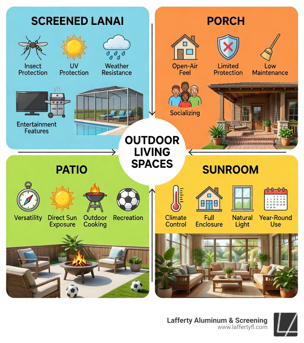 Infographic comparing screened lanais, porches, patios, and sunrooms by features and use - screened-in lanai ideas Infographic comparing screened lanais, porches, patios, and sunrooms by features and use - screened-in lanai ideas