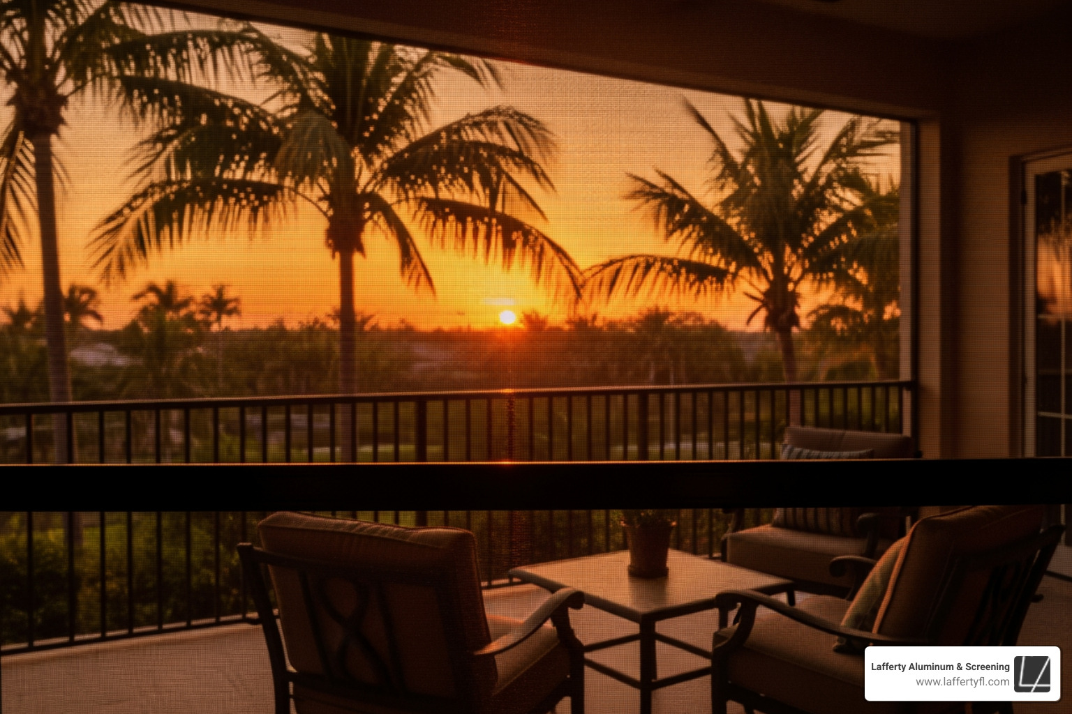Sunset view through solar mesh on a lanai - retractable screens for lanai