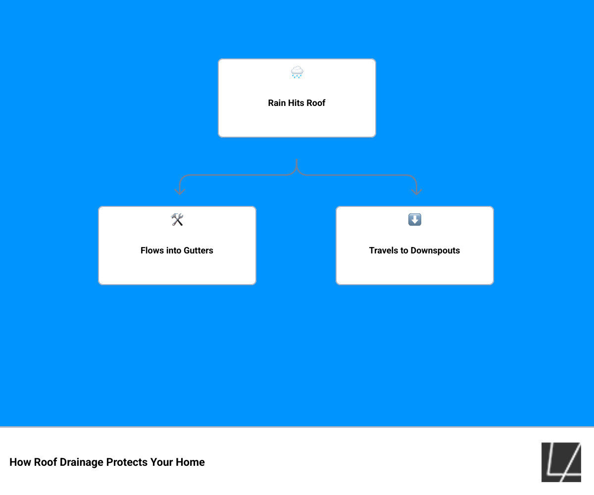 Infographic showing how roof drainage protects a home: rain hits roof, flows into gutters, travels to downspouts, exits 5+ Infographic showing how roof drainage protects a home: rain hits roof, flows into gutters, travels to downspouts, exits 5+