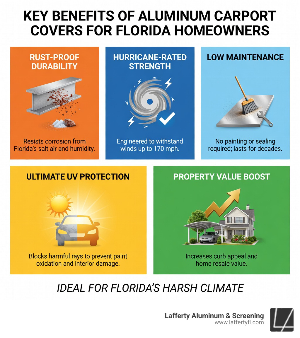 Infographic showing key benefits of aluminum carport covers for Florida homeowners: rust-proof, hurricane-rated, low