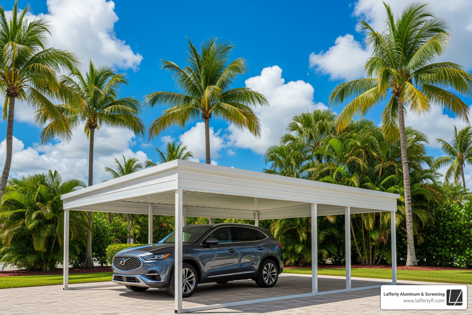 White aluminum carport protecting a modern SUV from the intense Florida sun - aluminum carport covers Florida