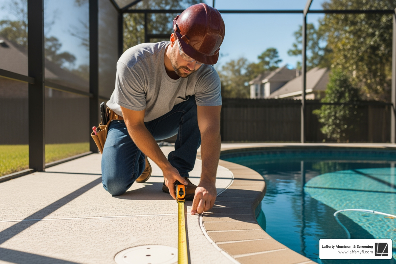 Contractor measuring a pool deck for a new screen enclosure installation - pool screen enclosure cost per square foot Contractor measuring a pool deck for a new screen enclosure installation - pool screen enclosure cost per square foot