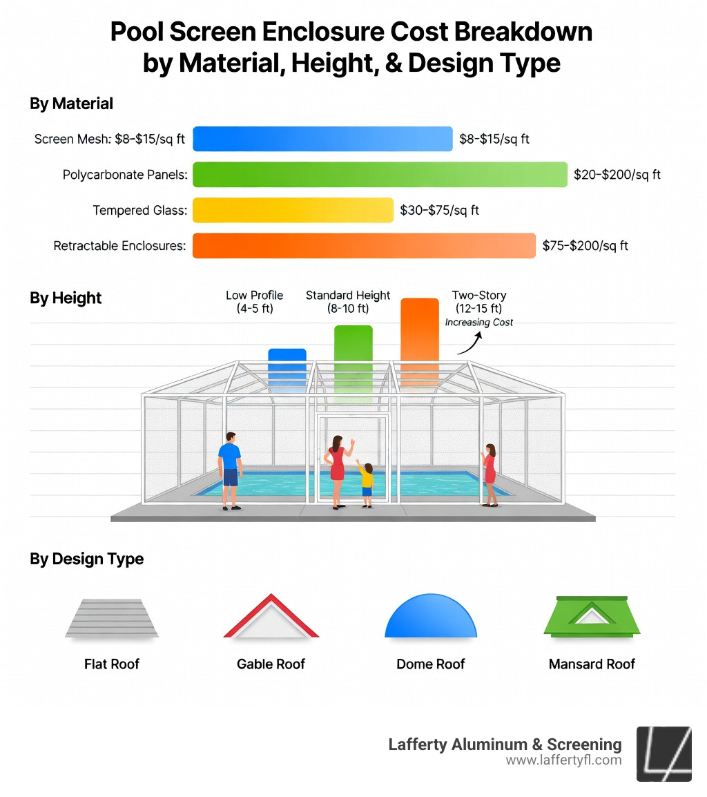 Infographic showing pool screen enclosure cost breakdown by material, height, and design type - pool screen enclosure cost Infographic showing pool screen enclosure cost breakdown by material, height, and design type - pool screen enclosure cost
