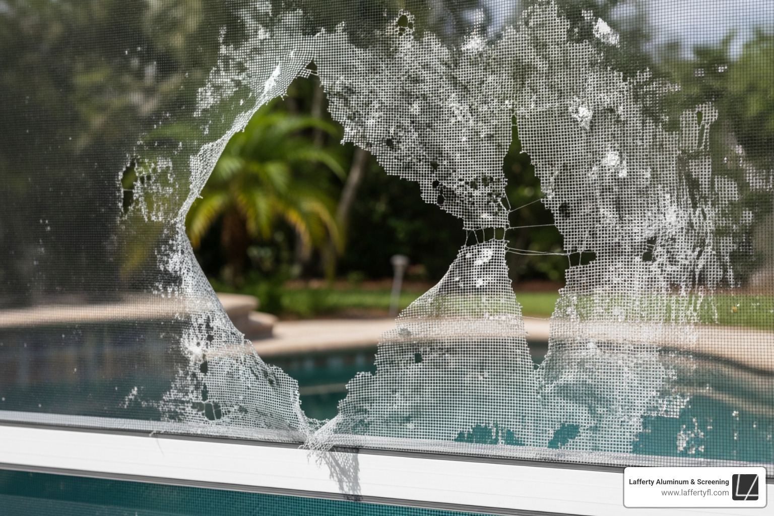 A torn screen panel showing typical storm damage and UV wear - pool screen enclosure repairs A torn screen panel showing typical storm damage and UV wear - pool screen enclosure repairs