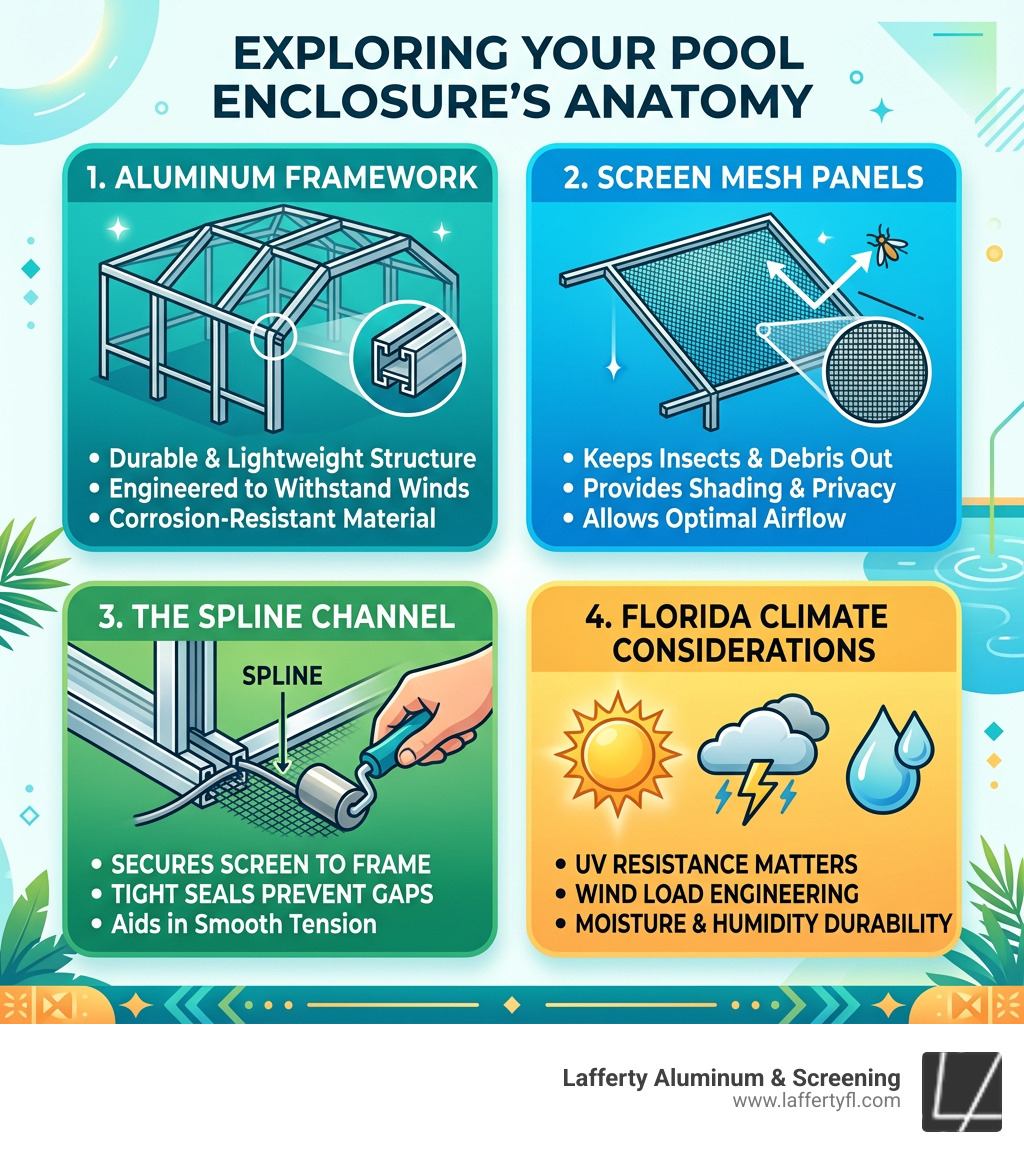 Components of a pool cage: screen mesh, aluminum frame, spline, Florida climate considerations - pool screen enclosure Components of a pool cage: screen mesh, aluminum frame, spline, Florida climate considerations - pool screen enclosure