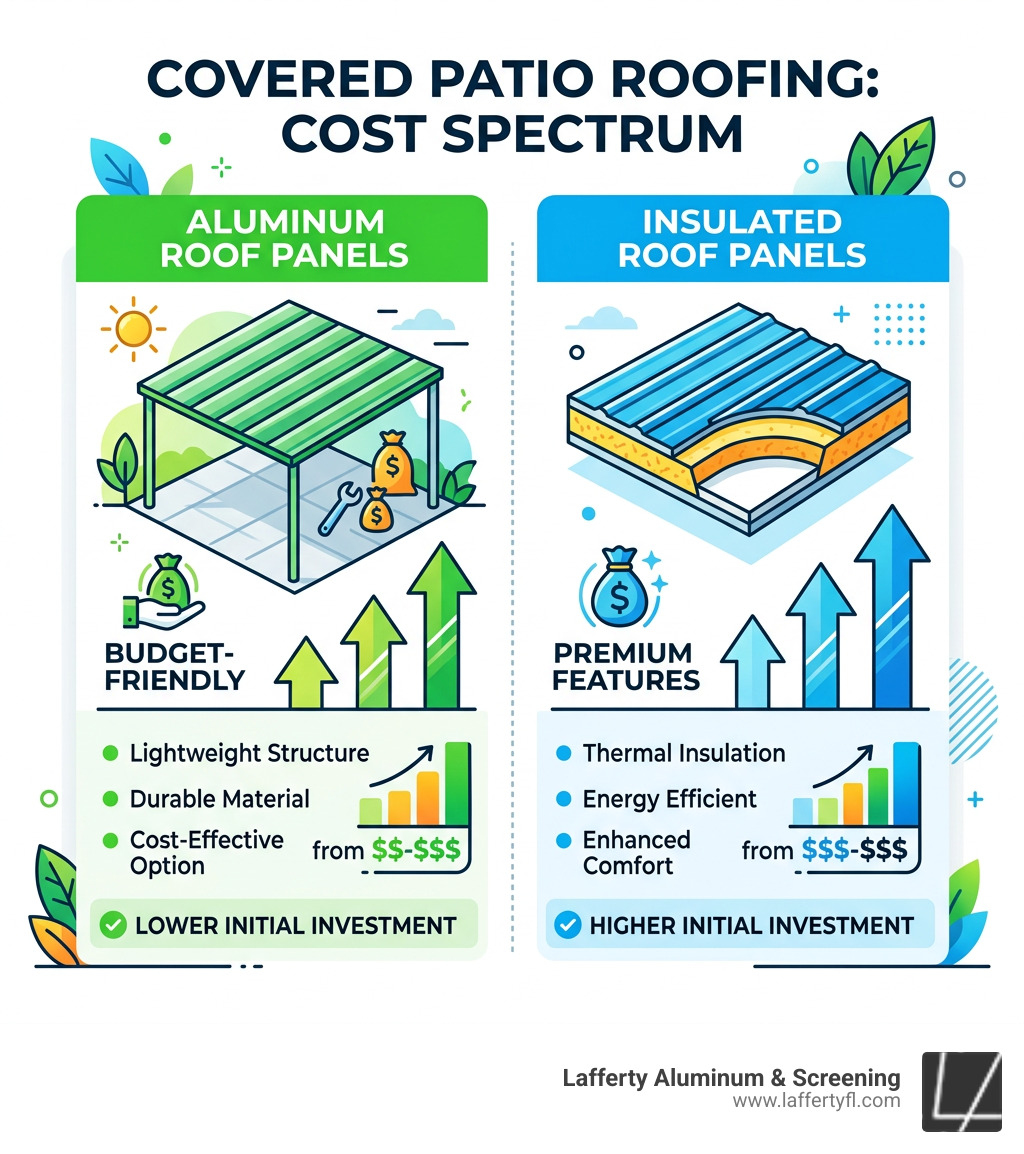 Cost spectrum infographic for covered patio attached to house from basic to high-end in 2025-2026 - covered patio attached