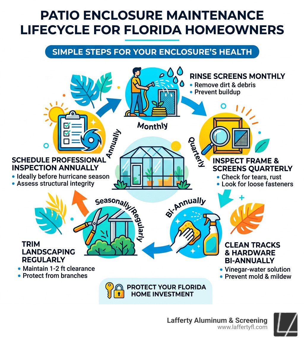Patio enclosure maintenance lifecycle infographic for Florida homeowners - patio enclosure maintenance Florida infographic 