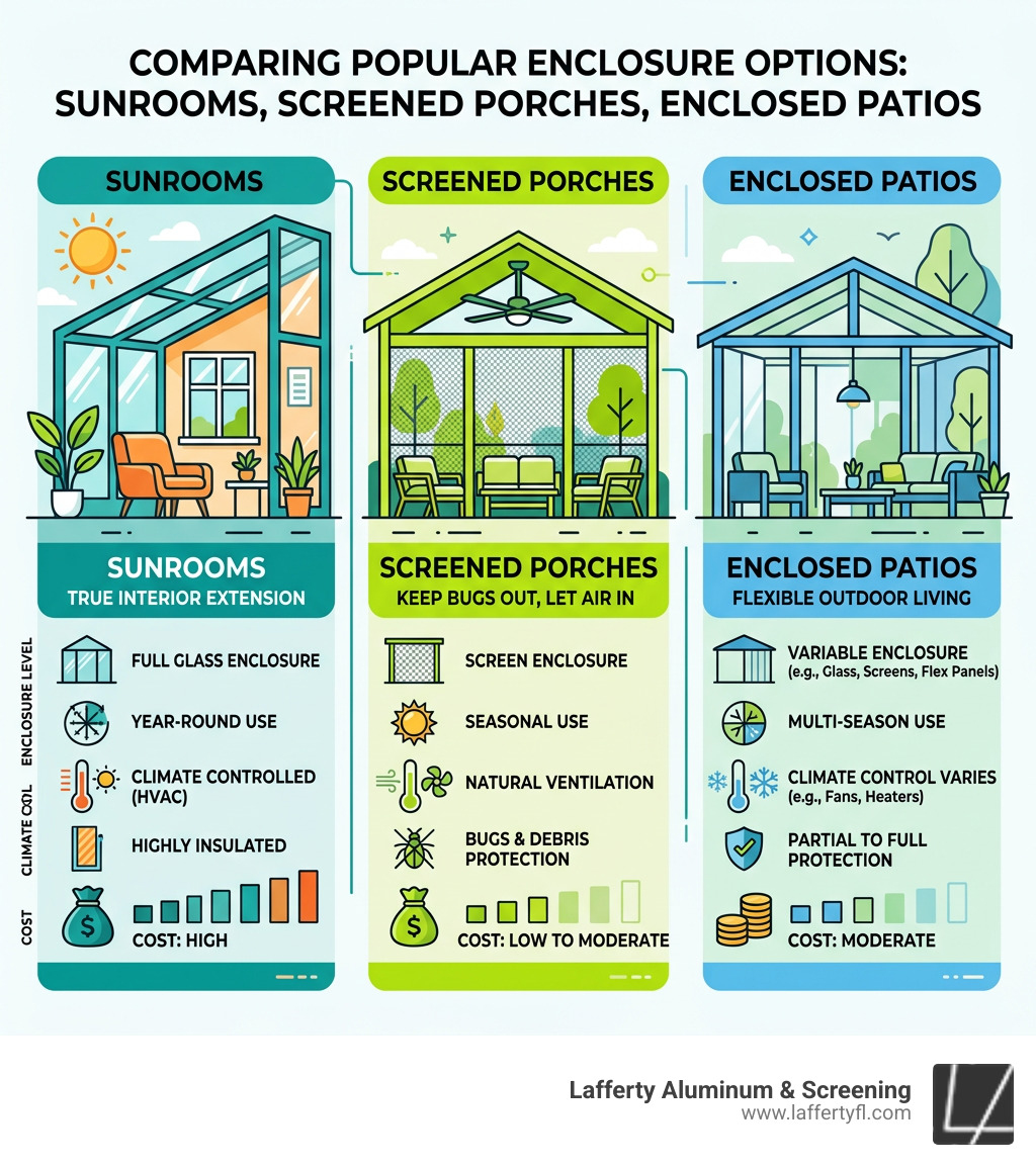 Infographic comparing sunrooms, screened porches, and enclosed patios by enclosure level, climate control, and cost