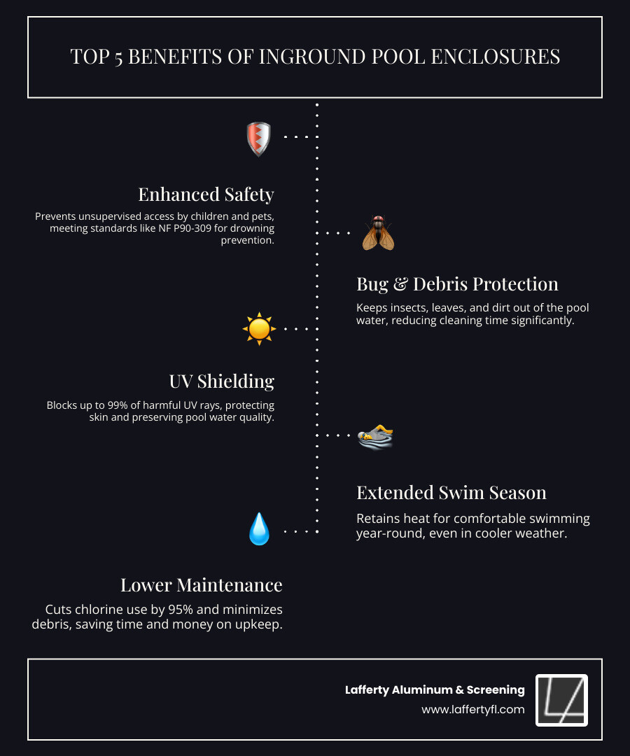 Benefits of inground pool enclosures including safety, UV protection, debris control, and extended swim season - inground