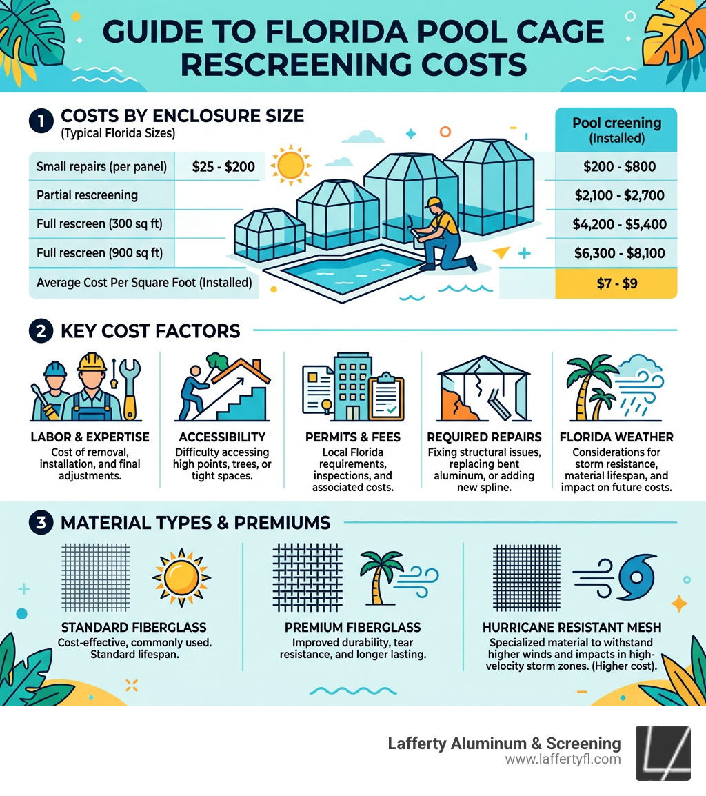 Infographic showing pool cage rescreening costs by size, material types, and key cost factors in Florida - average cost to