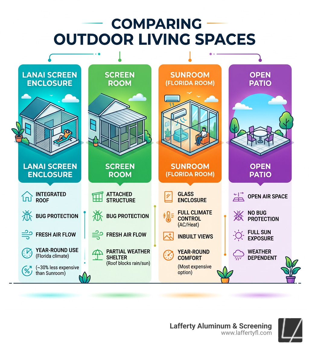 Infographic comparing lanai screen enclosures vs. screen rooms vs. sunrooms vs. open patios - lanai screen enclosures Infographic comparing lanai screen enclosures vs. screen rooms vs. sunrooms vs. open patios - lanai screen enclosures
