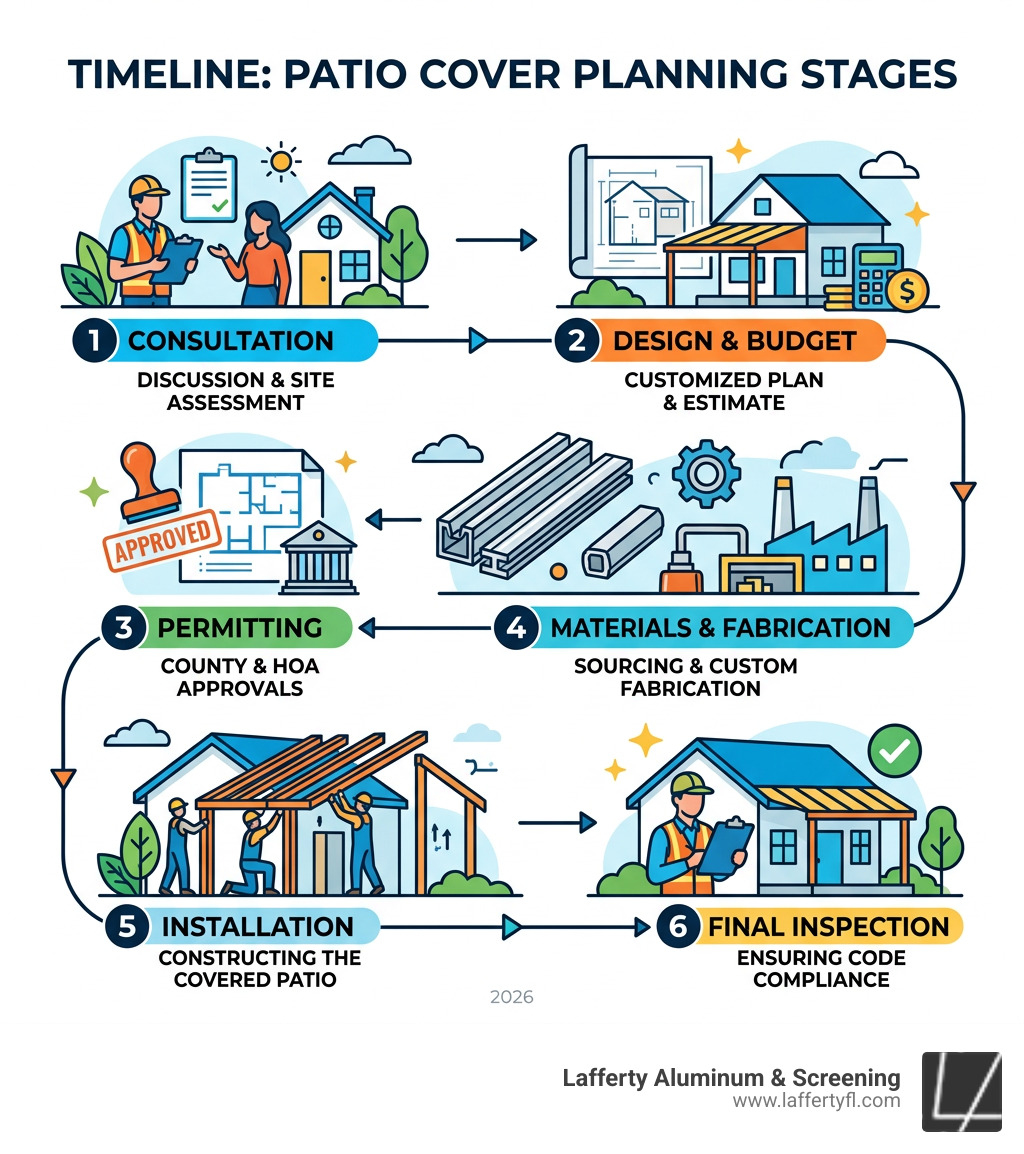 Timeline infographic: patio cover planning stages from consultation to final inspection - covered patio attached to house Timeline infographic: patio cover planning stages from consultation to final inspection - covered patio attached to house