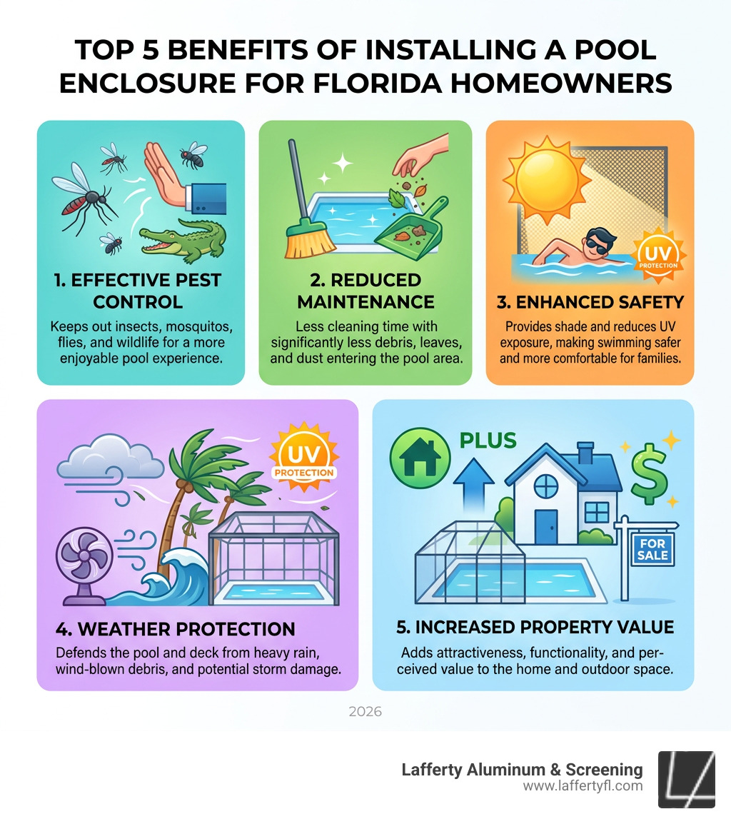 Top 5 benefits of installing a pool enclosure for Florida homeowners - pool enclosure companies infographic 
