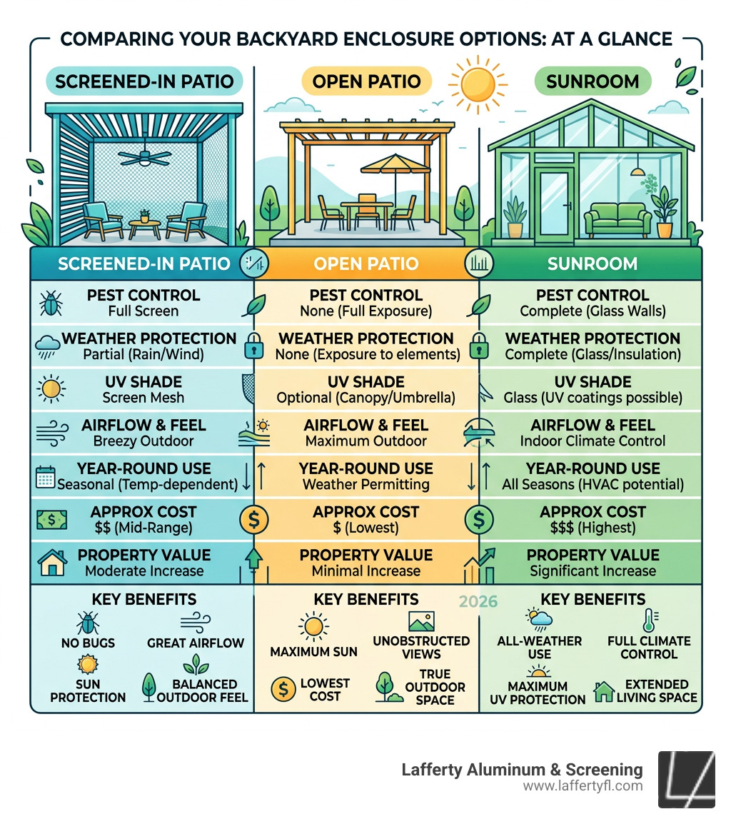 Infographic comparing screened-in patio vs open patio vs sunroom features and benefits - screened in patio designs