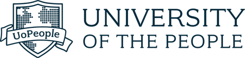 Shield emblem with pixel pattern and banner reading 'UoPeople' next to text 'University of the People'.