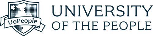 Shield emblem with pixel pattern and banner reading 'UoPeople' next to text 'University of the People'.