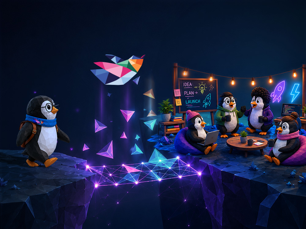 Polygonal penguins symbolizing teamwork near digital bird and network bridge between cliffs.