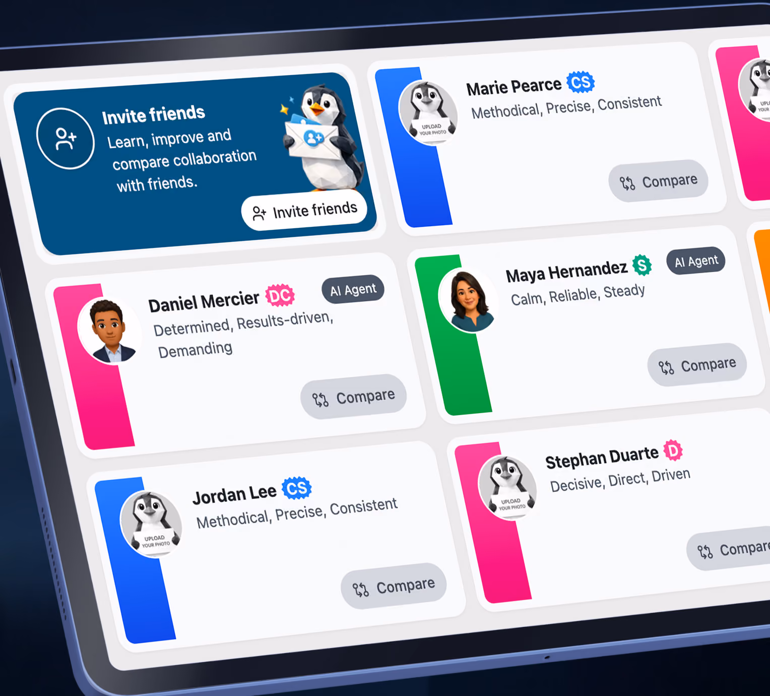 Tablet screen showing a collaboration app with user cards and invite friends option featuring penguin icon.