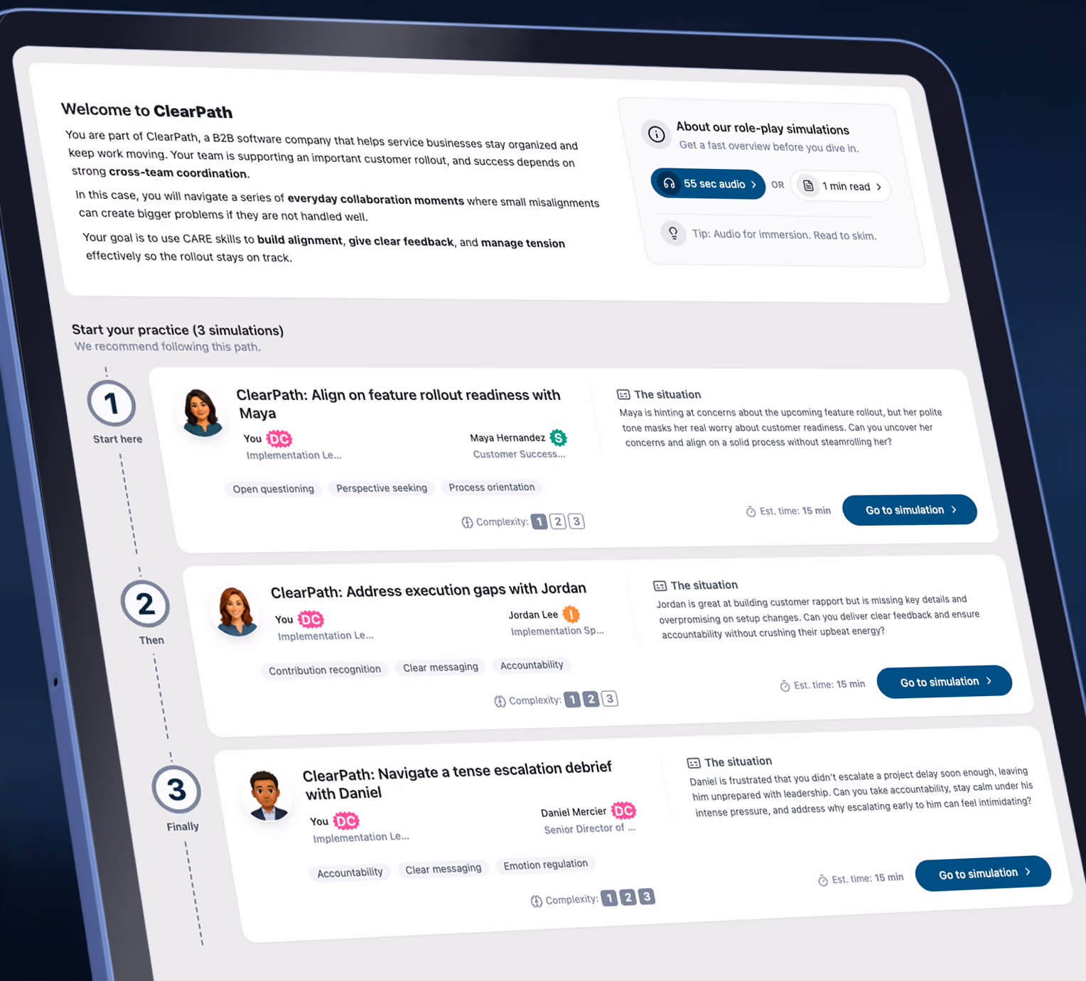 ClearPath software interface showing three role-play simulations for improving teamwork and feedback skills.