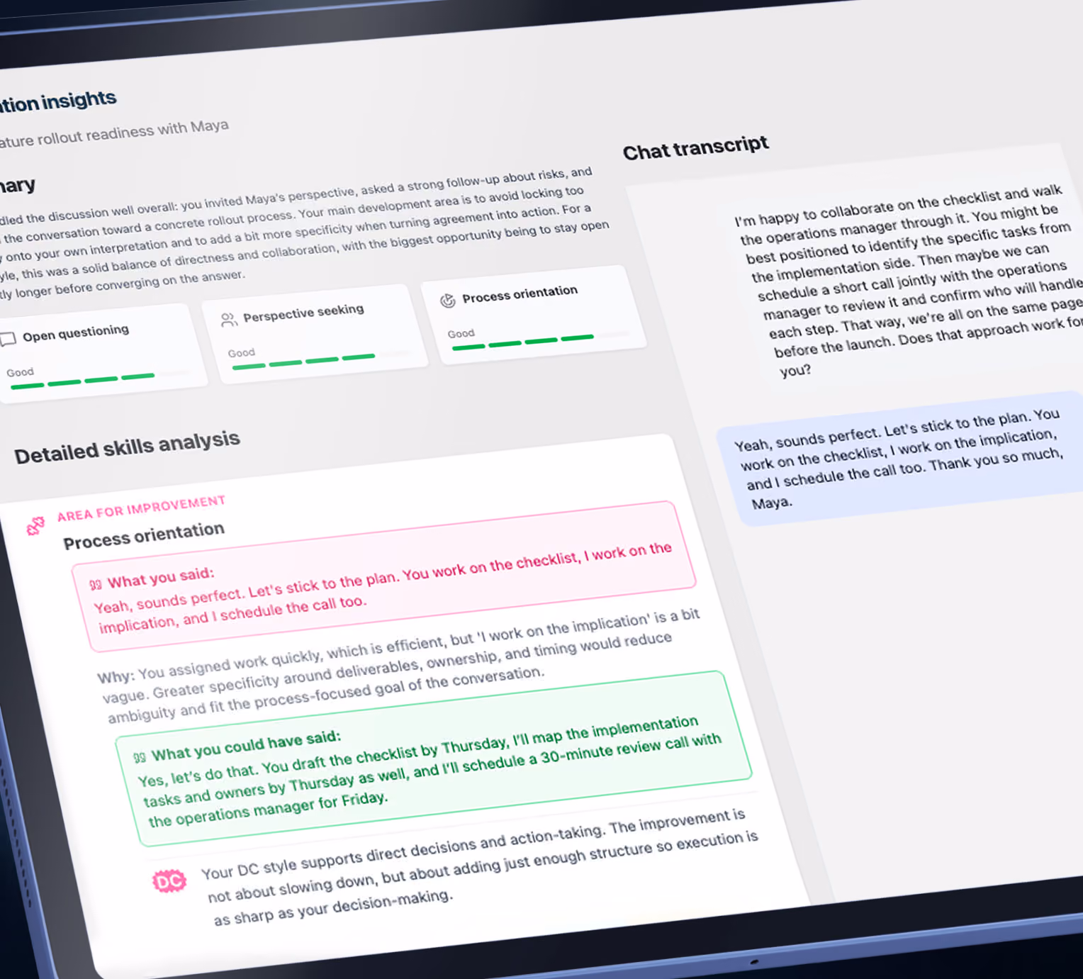 Screen showing a detailed skills analysis and chat transcript about process orientation and checklist planning.