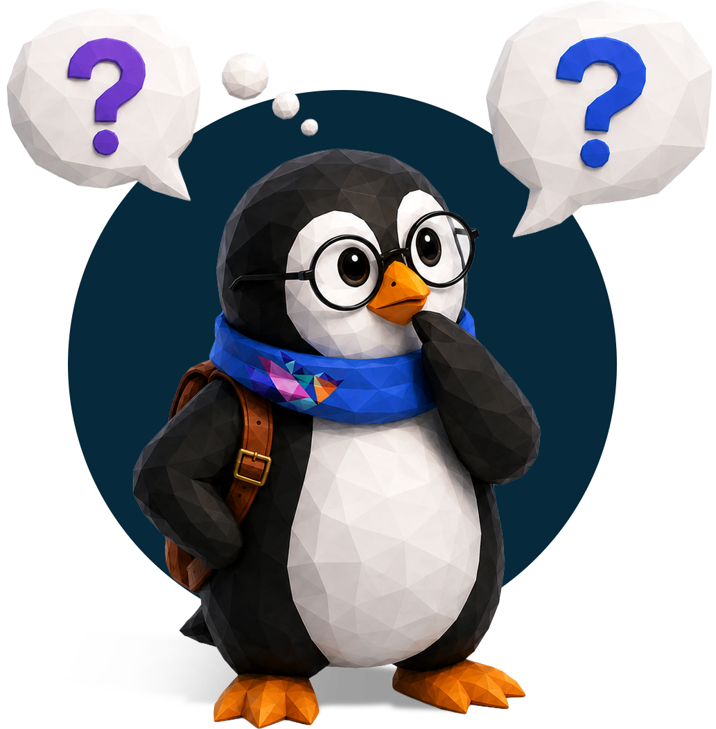 3D penguin with glasses, blue scarf, and backpack, with question marks in speech and thought bubbles.