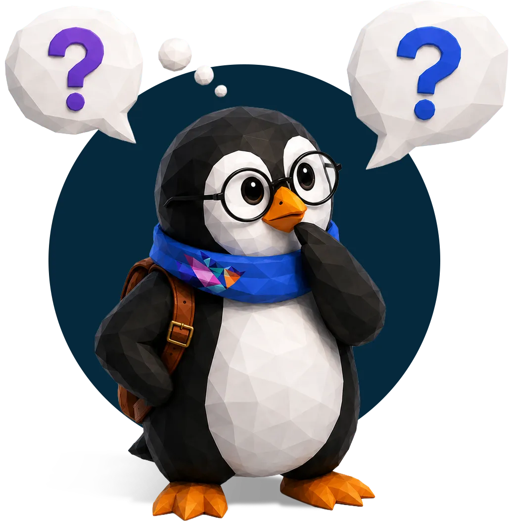 3D penguin with glasses, blue scarf, and backpack, with question marks in speech and thought bubbles.