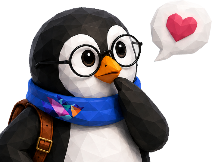 3D low-poly penguin with glasses, blue scarf, and backpack, thinking with a heart bubble above.