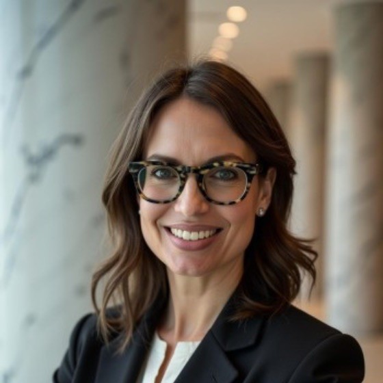 Smiling woman with shoulder-length brown hair and tortoiseshell glasses in a black blazer indoors.