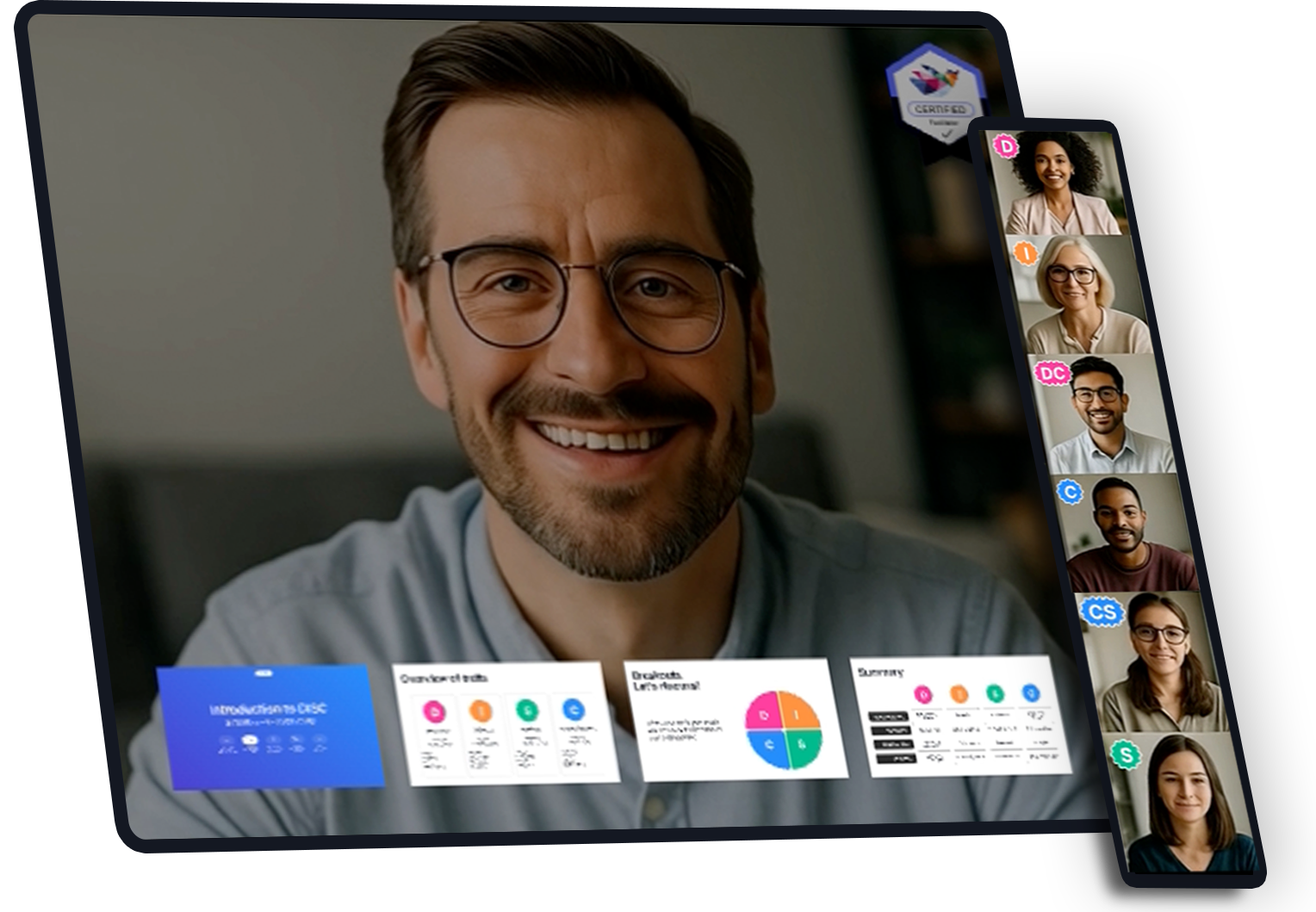 Smiling man in glasses on video call with five other participants and data charts at bottom.