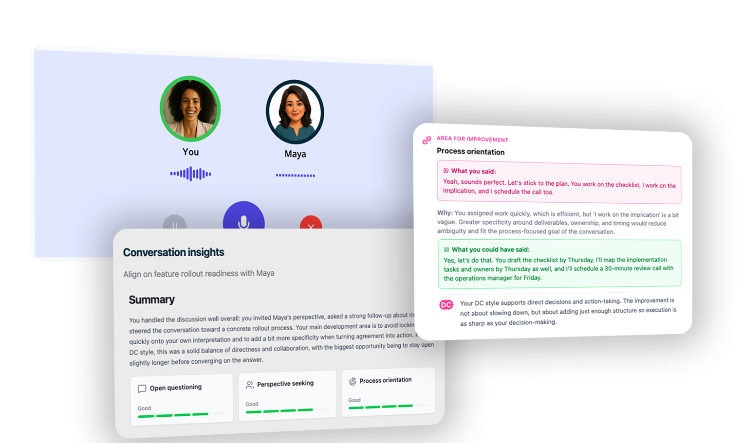 Virtual call interface with conversation insights and process improvement feedback for a discussion with Maya.